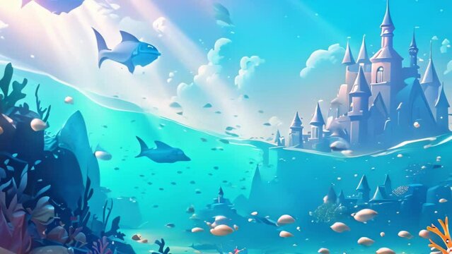 Cartoon underwater ocean or ocean view with castle
