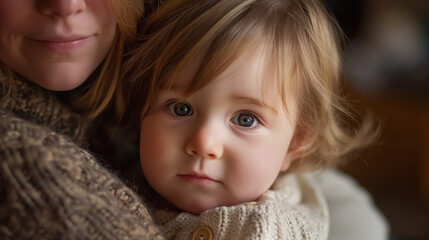Child cuddled up in the arms of a guardian, conveying warmth and affection with a soft focus.