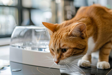 Curious Orange Cat Inspecting Water Bowl