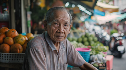 Elderly man with a contemplative expression sitting at a market stall, with fruits and daily life in the background.