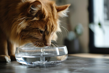 Curious Orange Cat Inspecting Water Bowl - obrazy, fototapety, plakaty