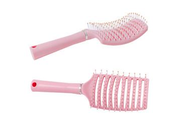 A pink plastic comb with a handle with transparent background