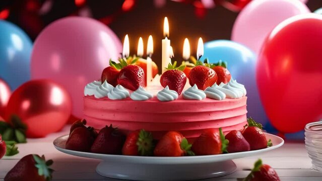Birthday cake with strawberries and candles over multicolored balloons background. Birthday decorations
