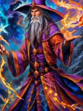 a painting of a wizard holding a wand