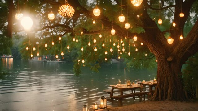 Colorful lanterns hang from the branches of a tree, casting a warm glow over a serene lake at dusk, Elegant setup along a river bank with lanterns hung from surrounding trees