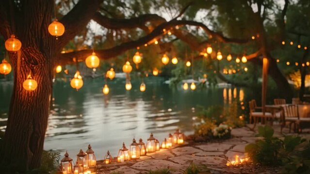 A photograph showcasing a tree filled with a multitude of brightly lit lanterns, creating a captivating sight, Elegant setup along a river bank with lanterns hung from surrounding trees