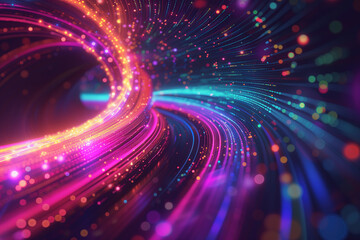 Data streaming concept. Neon colored glowing flowing lines and particles as a symbol of digital data flow
