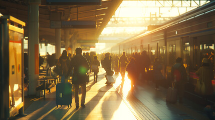 Tourists at the railway station waiting for their train. Train, people, tourists, holidays. - obrazy, fototapety, plakaty