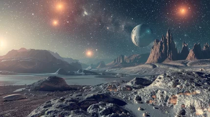 Foto op Aluminium surreal landscape of an alien planet surface with strange rock formations and glowing celestial bodies in the sky science fiction concept art © Bijac