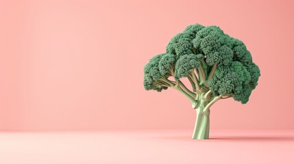 Broccoli,  photorealistic illustration against pastel pastel pink background with copy space for text or logo, beautifully illuminated by studio lighting