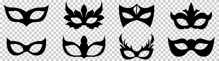 Сarnival masks icons. Design for party, parade and carnival. Vector illustration isolated on transparent background - obrazy, fototapety, plakaty