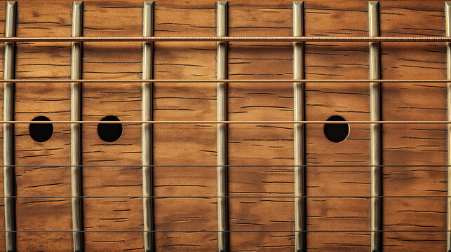 Wooden guitar fretboard, showing the strings and frets with a strong focus on the grain.