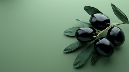 Black olives, a  photorealistic illustration against pastel pastel green background with copy space for text or logo, beautifully illuminated by studio lighting 
