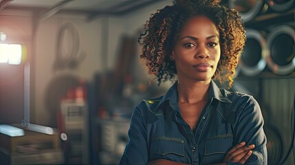 Meet our skilled black female mechanic! Proudly standing in our modern repair garage, she embodies expertise and empowerment