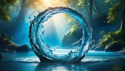 Circle frame made of water. World ocean day. Green plants. Fantasy scenery, Abstract image.