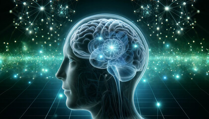 Human Brain and Neuronal Network Visualization in Blue Digital Concept