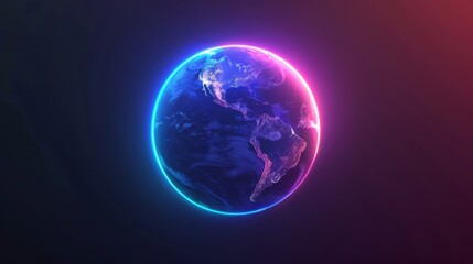 Neon earth globe. Digital 3d planet. World network internet futuristic illustration. The space of the metaverse is blue and purple.