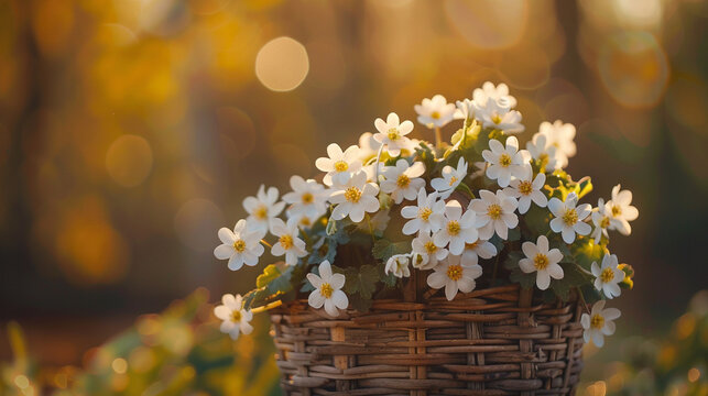 A high-definition image capturing the serene beauty of white flowers nestled in a wooden basket, set against a backdrop of golden yellow tones, symbolizing the onset of spring. 8K