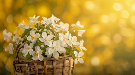 A high-definition image capturing the serene beauty of white flowers nestled in a wooden basket,...