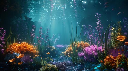 underwater garden with bioluminescent plants coral reefs and sea creatures digital art concept