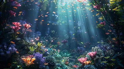 Obraz na płótnie Canvas underwater garden with bioluminescent plants coral reefs and sea creatures digital art concept