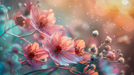 Light background with delicate, pastel flowers arranged asymmetrically.  - obrazy, fototapety, plakaty