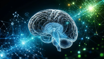 Fototapeta premium Illuminated Brain with Fiber-Optic Neural Network in a Digital Blue-Green Matrix