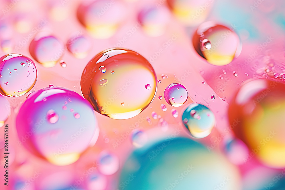 Aufkleber pink holographic bubbles floating on the soft colorful abstract background in beautiful vivid tones.