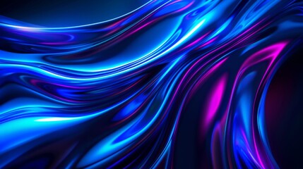 Metallic liquid background. Abstract neon texture. Rainbow 3d holographic foil. Wavy glossy surface in blue and purple colors.