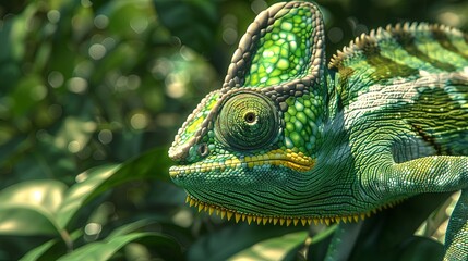 Obraz premium vibrant green chameleon closeup on green leaf background 3d rendering of natural camouflage and adaptation