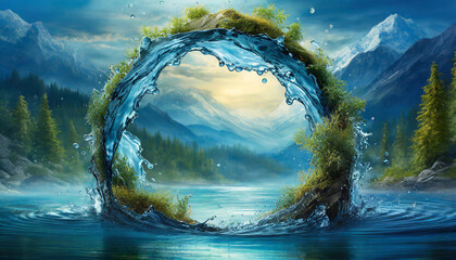 Fototapeta premium Circle frame made of water. World ocean day. Green plants. Fantasy scenery, Abstract image.