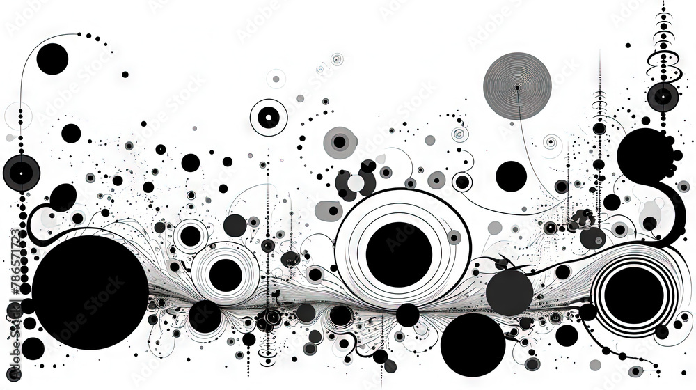 Poster Geometric abstract background with black dots, circles and lines.