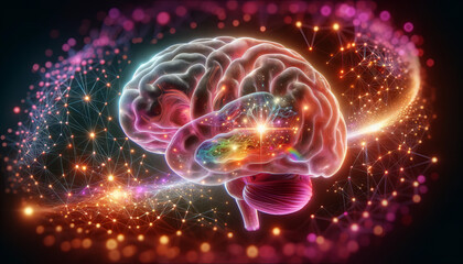 Obraz premium Translucent Glowing Brain with Synaptic Energy Flow and Neural Network Background