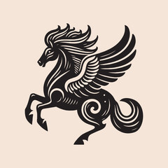 Flying horse with wings. Mythical creature Pegasus. Vintage retro engraving illustration. Black icon, logo, label. isolated element.	