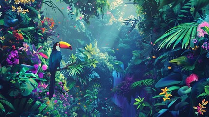 vibrant tropical jungle with lush green foliage colorful exotic flowers and birds digital painting in saturated colors - obrazy, fototapety, plakaty