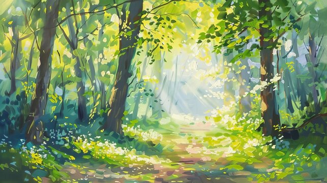vibrant spring forest with fresh green leaves and radiant sunlight oil painting