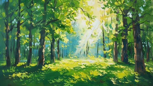 vibrant spring forest with fresh green leaves and radiant sunlight oil painting