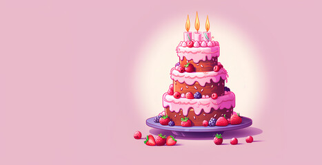 Pink pixel cake on pink background. Happy Birthday greeting card. Holiday concept