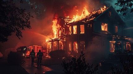 house fire at night, as flames light up the darkness and first responders rush to the scene