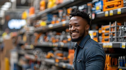 Joyful Shopper Finding Tools in Store. Concept Shopping Spree, Retail Therapy, Store Exploration, Finding Tools, Joyful Shopper