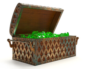 Old treasure chest. Antique wooden chest with green gems and open half round top. 3d illustration on white background