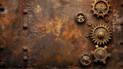 vintage steampunk gears and cogs on a grunge metal background industrial machinery concept