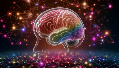 Fototapeta premium Colorful Digital Illustration of a Semi-Transparent Human Brain with Neural Network Background