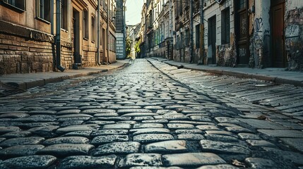 weathered stone paved road on empty deserted city street atmospheric urban photography