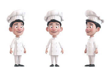 Set of 3D female smiling cartoon male chef wearing a white uniform. Different and various poses. Cartoon character, 3D avatar. Isolated and transparent image. png file. 