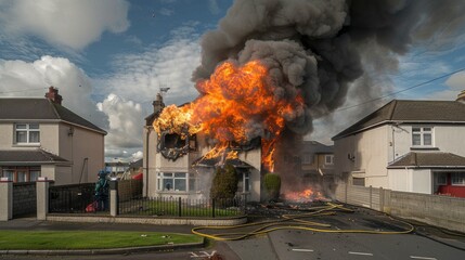 A modern, sleekly designed house on fire in a UK suburban street. Witness the chaos and bravery of first responders