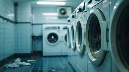 White washing machines fill the scene with cinematic perspective