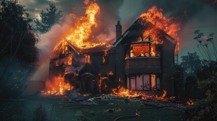 house fire at night, as flames light up the darkness and first responders rush to the scene