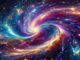 Bright and colorful illustration of the swirling cosmos, ablaze with the radiance of stars and nebulae, capturing the dynamic beauty and majesty of the universe in a vivid and captivating display