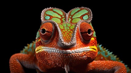 Red and green chameleon face closeup front view